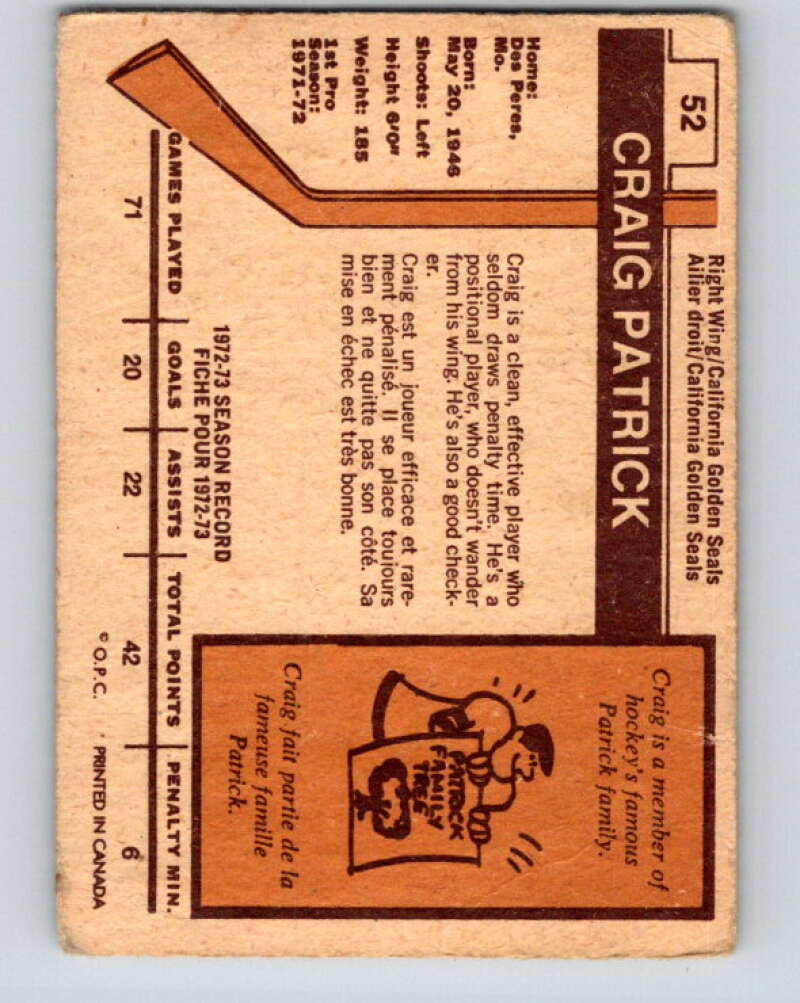 1973-74 O-Pee-Chee #52 Craig Patrick California Golden Seals V8135