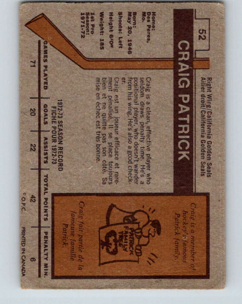 1973-74 O-Pee-Chee #52 Craig Patrick California Golden Seals V8136