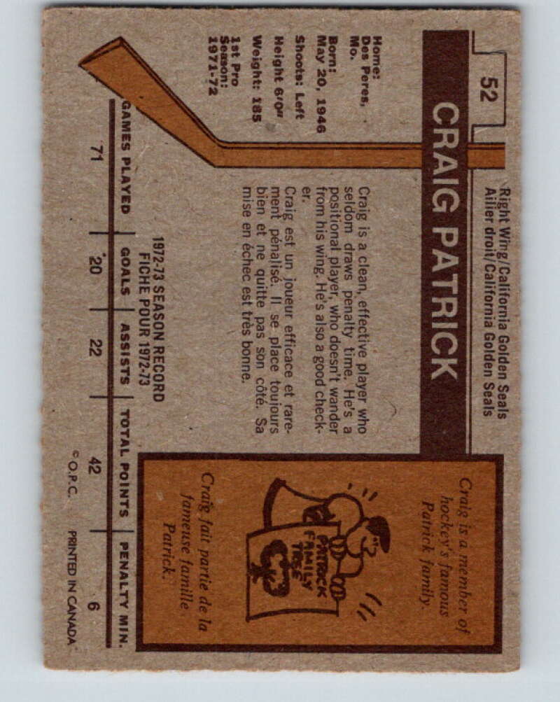 1973-74 O-Pee-Chee #52 Craig Patrick California Golden Seals V8137