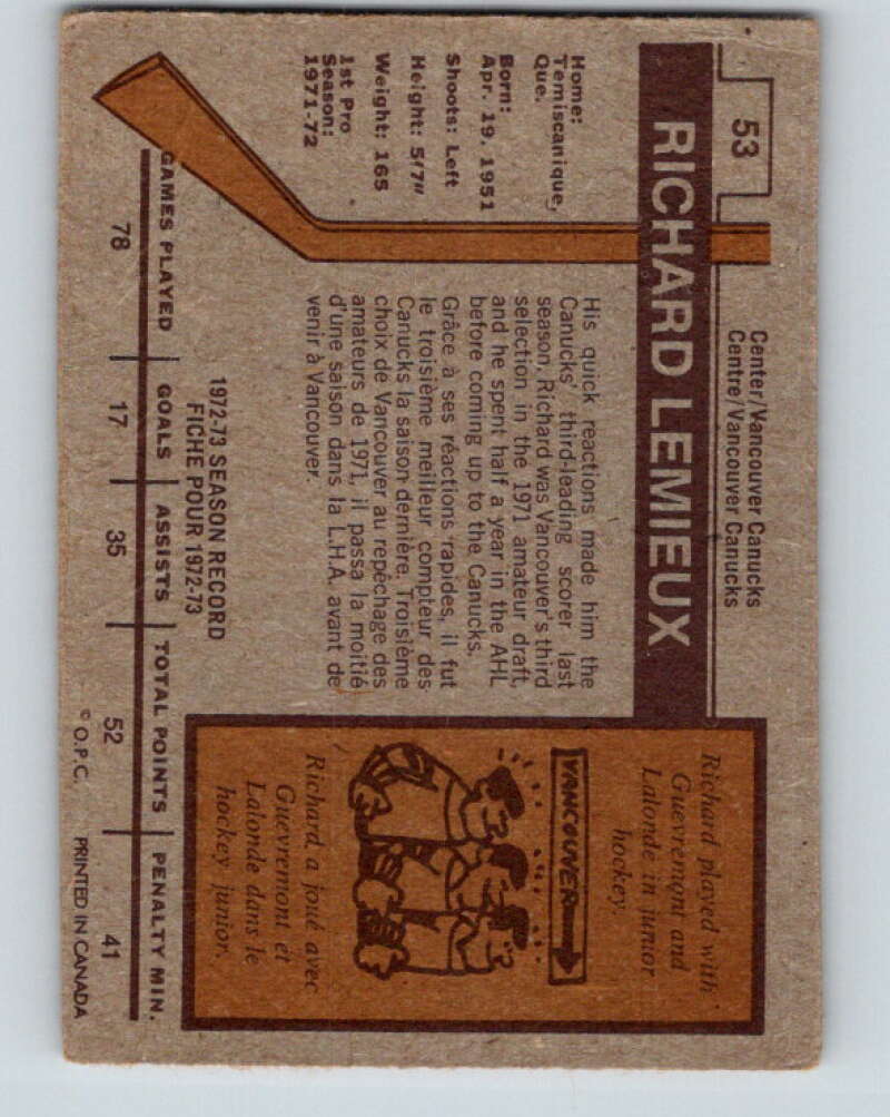 1973-74 O-Pee-Chee #53 Richard Lemieux Vancouver Canucks V8138