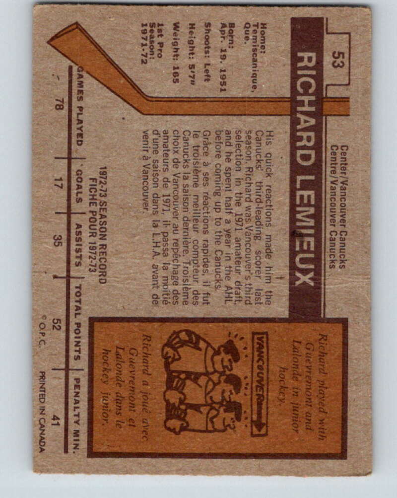 1973-74 O-Pee-Chee #53 Richard Lemieux Vancouver Canucks V8139