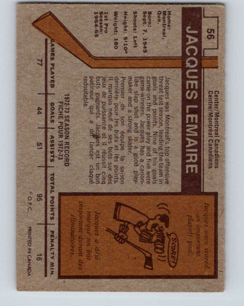 1973-74 O-Pee-Chee #56 Jacques Lemaire Montreal Canadiens V8150