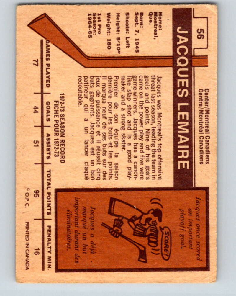 1973-74 O-Pee-Chee #56 Jacques Lemaire Montreal Canadiens V8151
