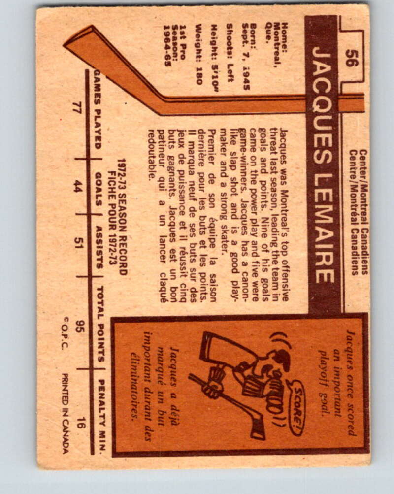 1973-74 O-Pee-Chee #56 Jacques Lemaire Montreal Canadiens V8152