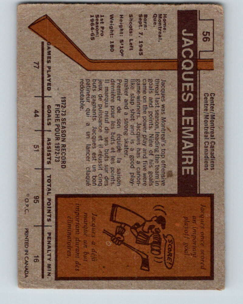 1973-74 O-Pee-Chee #56 Jacques Lemaire Montreal Canadiens V8153