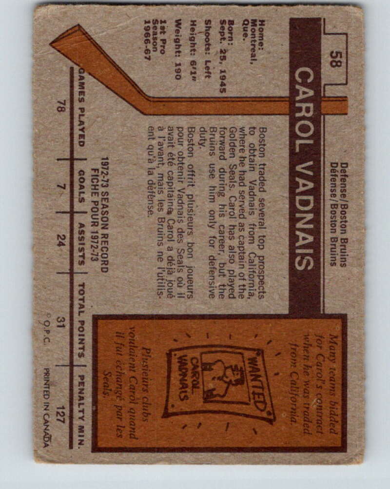 1973-74 O-Pee-Chee #58 Carol Vadnais Boston Bruins V8155