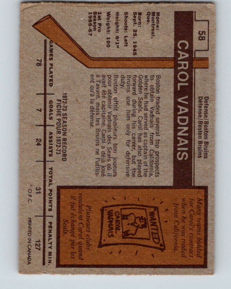 1973-74 O-Pee-Chee #58 Carol Vadnais Boston Bruins V8156