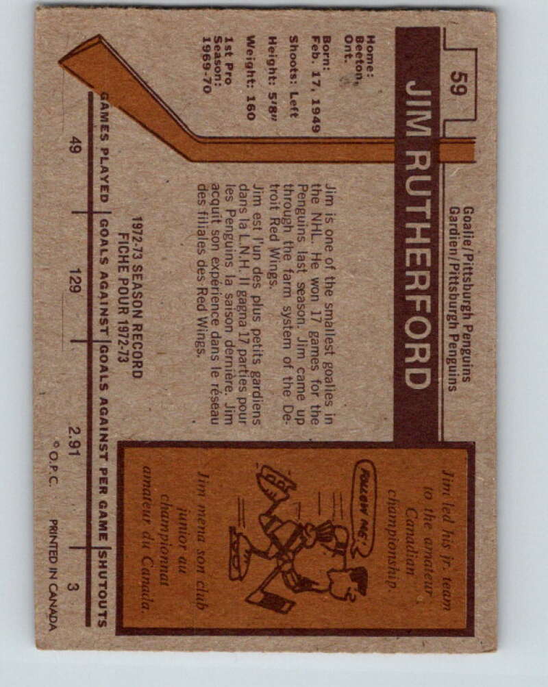 1973-74 O-Pee-Chee #59 Jim Rutherford Pittsburgh Penguins V8160