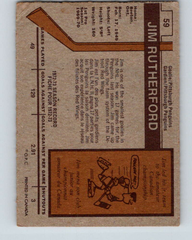 1973-74 O-Pee-Chee #59 Jim Rutherford Pittsburgh Penguins V8161