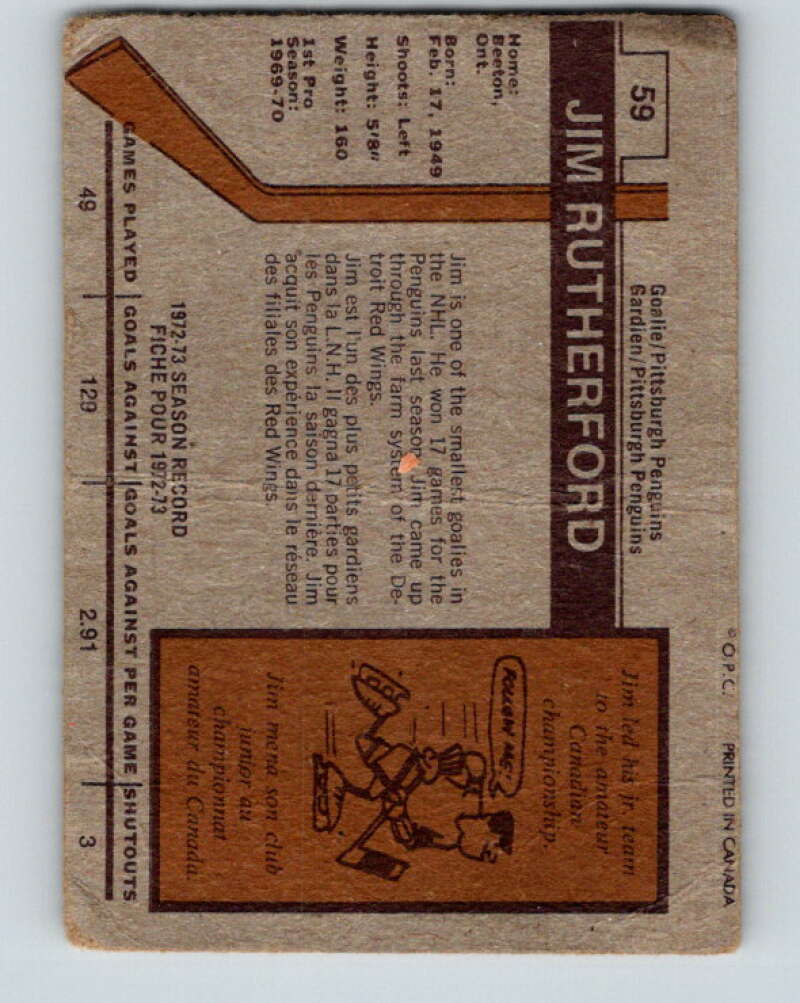 1973-74 O-Pee-Chee #59 Jim Rutherford Pittsburgh Penguins V8162