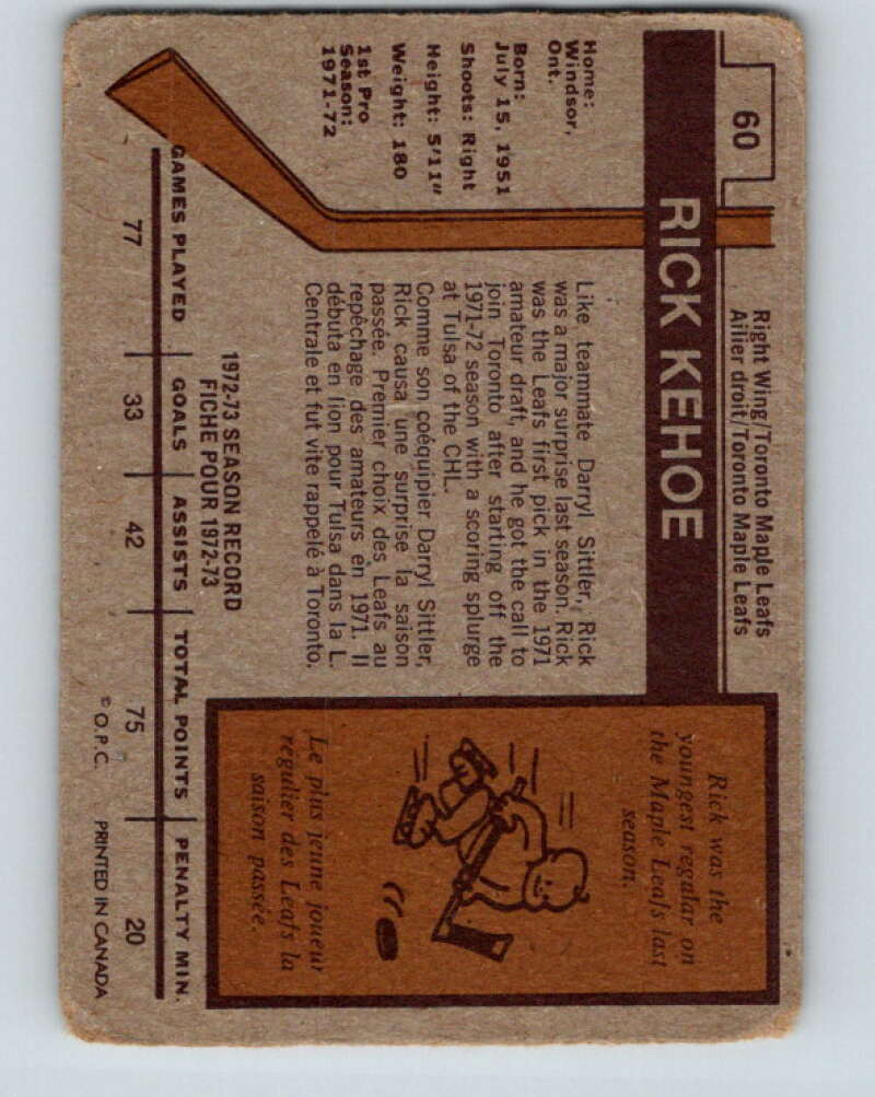 1973-74 O-Pee-Chee #60 Rick Kehoe RC Rookie Toronto Maple Leafs V8166