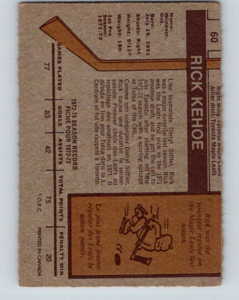 1973-74 O-Pee-Chee #60 Rick Kehoe RC Rookie Toronto Maple Leafs V8167
