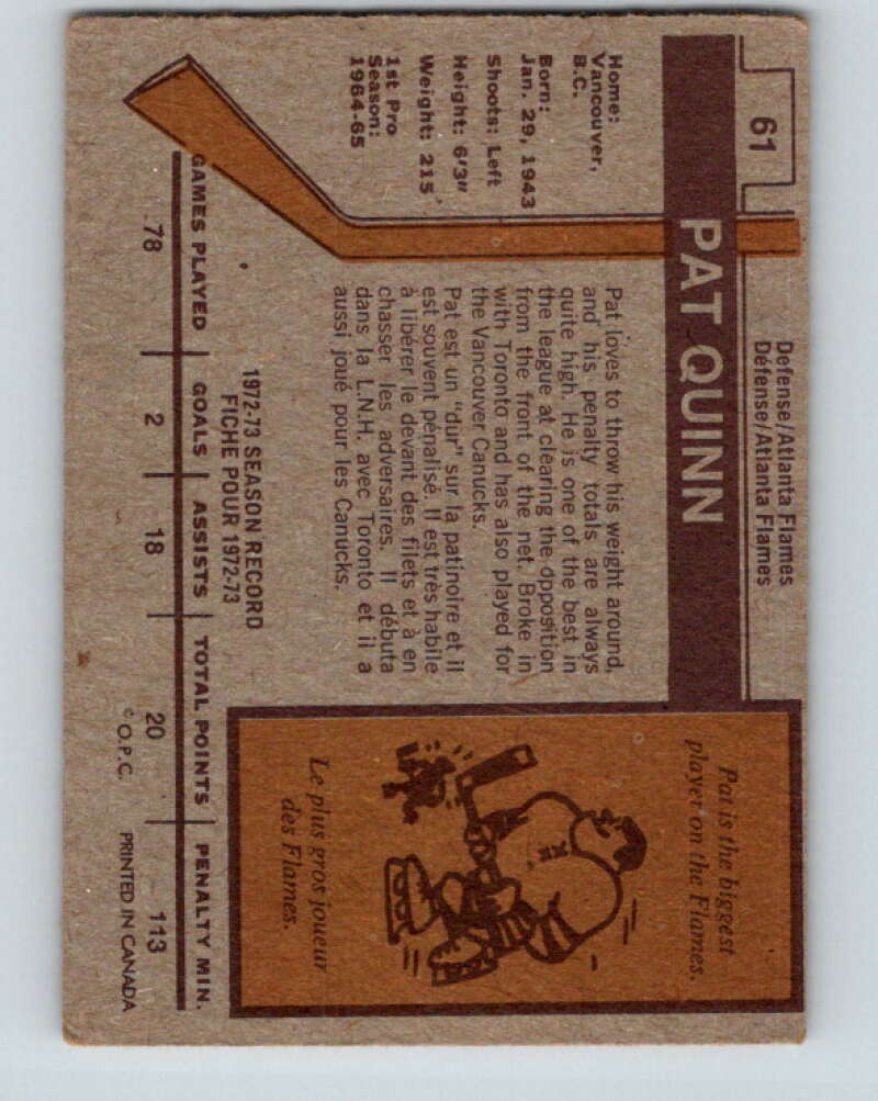 1973-74 O-Pee-Chee #61 Pat Quinn Atlanta Flames V8169