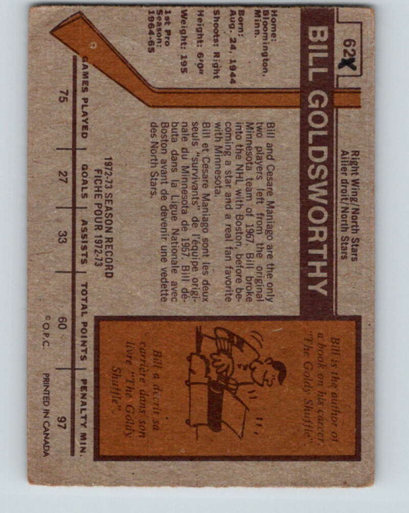 1973-74 O-Pee-Chee #62 Bill Goldsworthy Minnesota North Stars V8175
