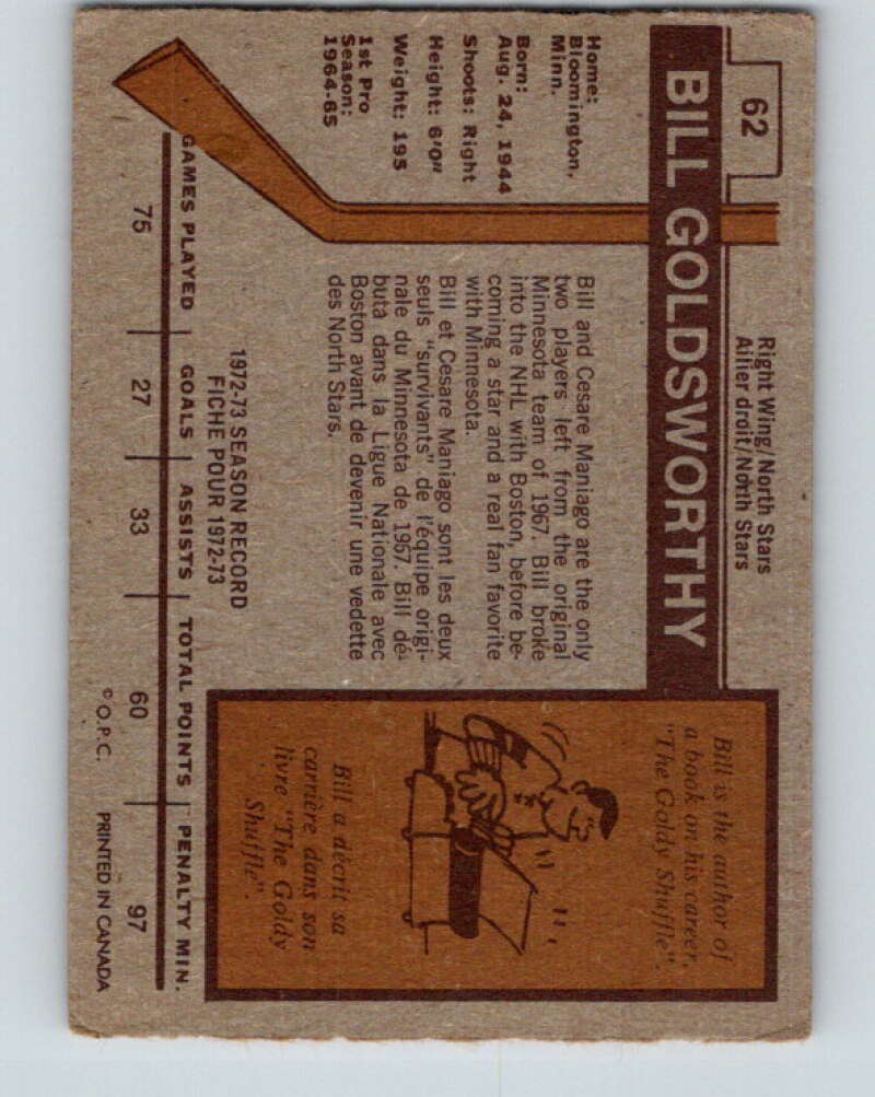 1973-74 O-Pee-Chee #62 Bill Goldsworthy Minnesota North Stars V8177