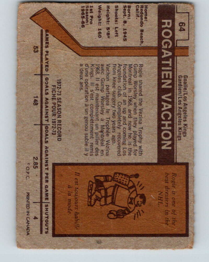 1973-74 O-Pee-Chee #64 Rogie Vachon Los Angeles Kings V8187