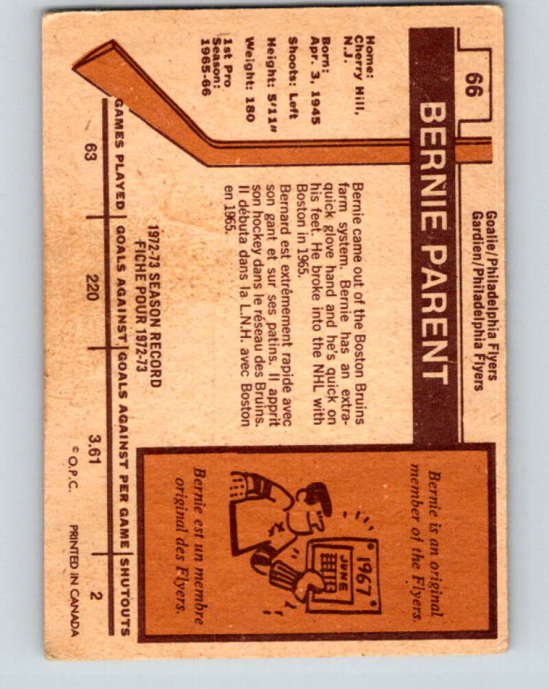 1973-74 O-Pee-Chee #66 Bernie Parent Philadelphia Flyers V8194