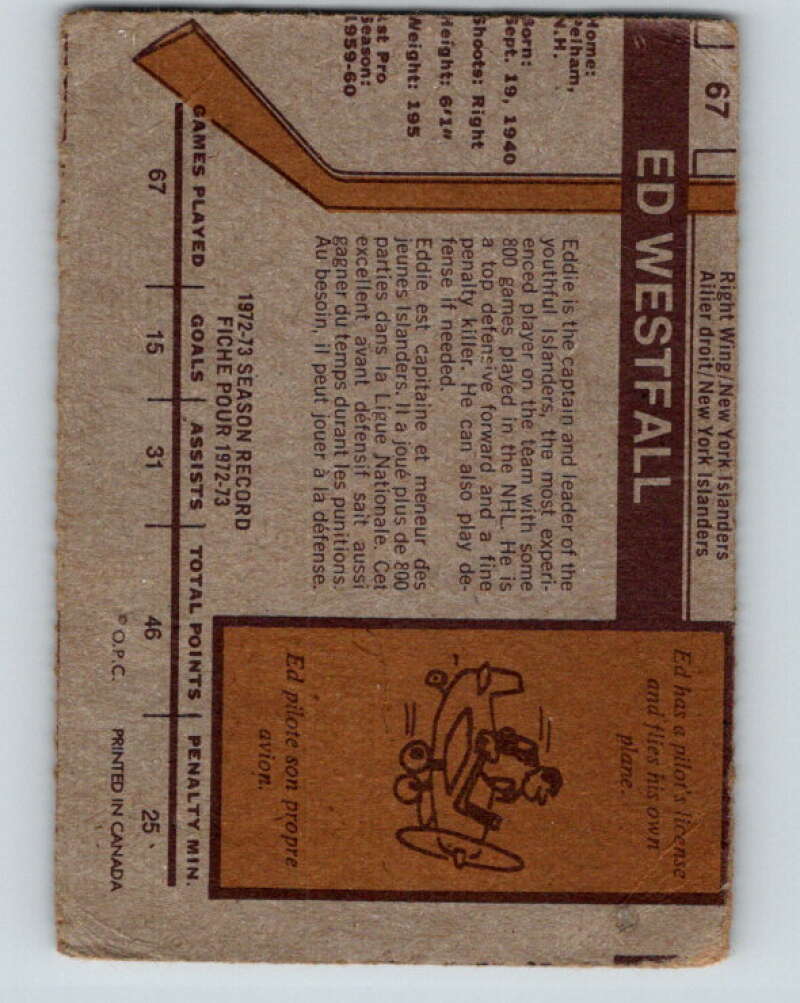 1973-74 O-Pee-Chee #67 Ed Westfall New York Islanders V8196