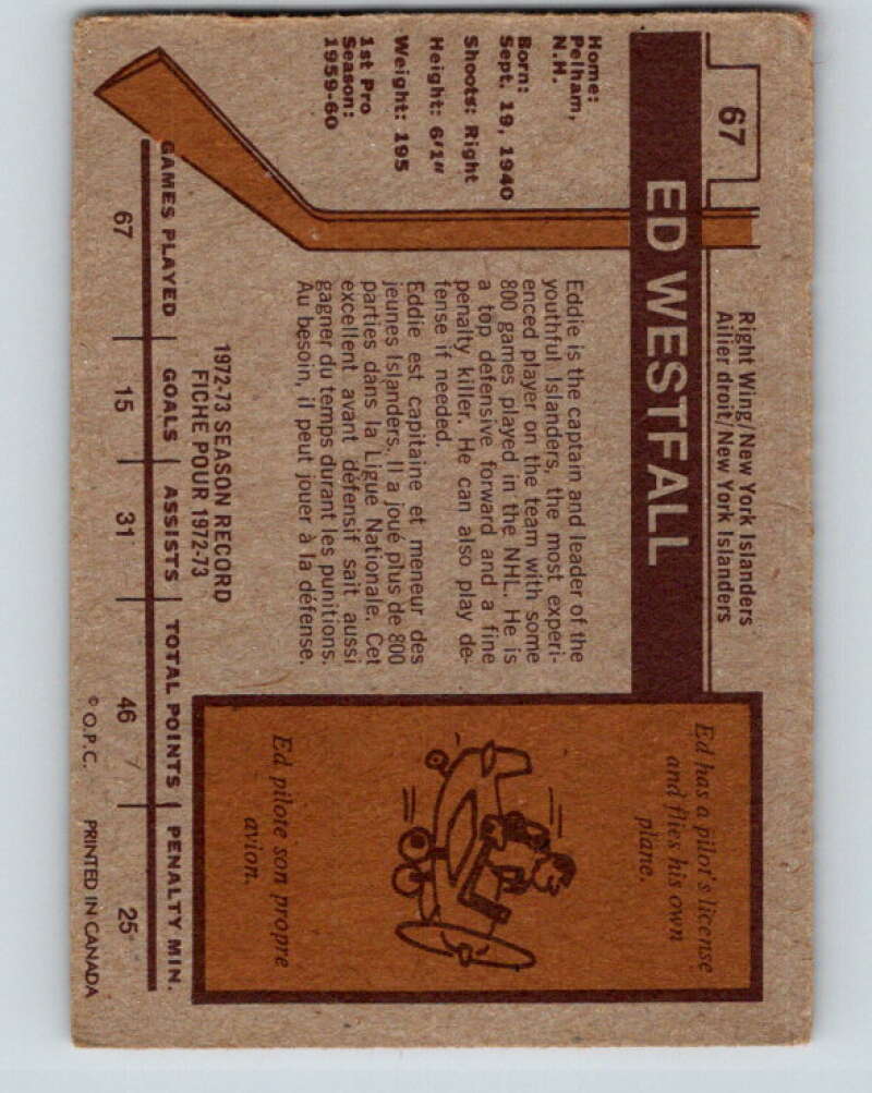 1973-74 O-Pee-Chee #67 Ed Westfall New York Islanders V8198