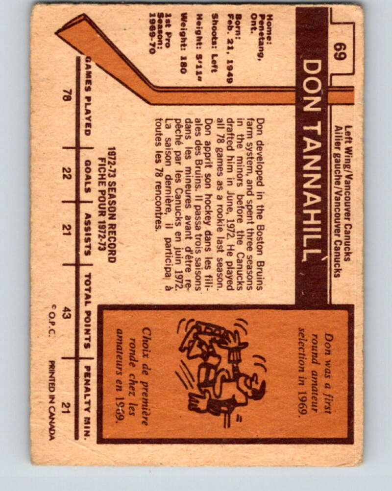 1973-74 O-Pee-Chee #69 Don Tannahill Vancouver Canucks V8205