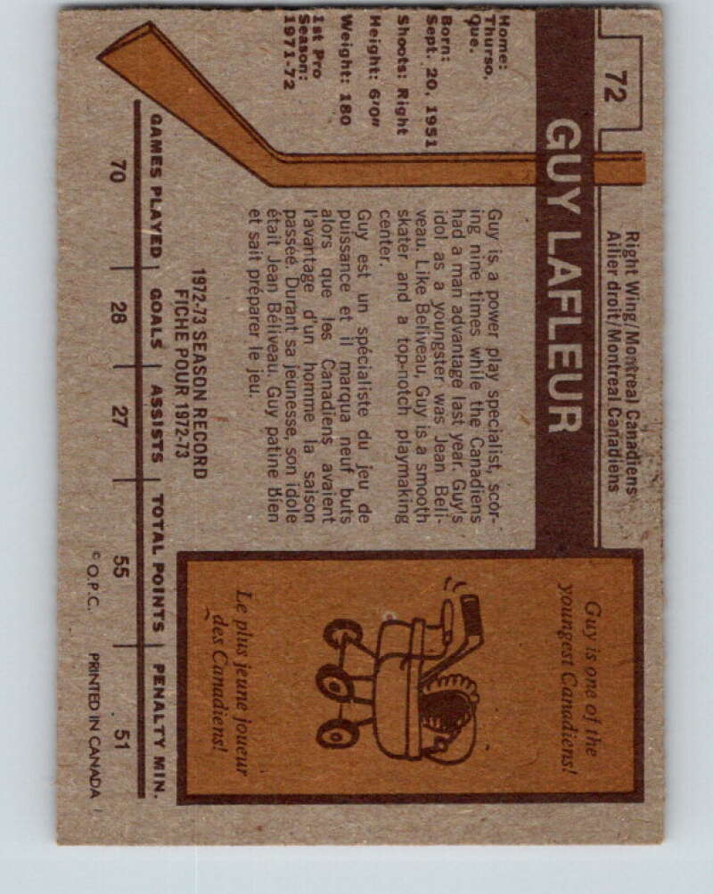1973-74 O-Pee-Chee #72 Guy Lafleur Montreal Canadiens V8216