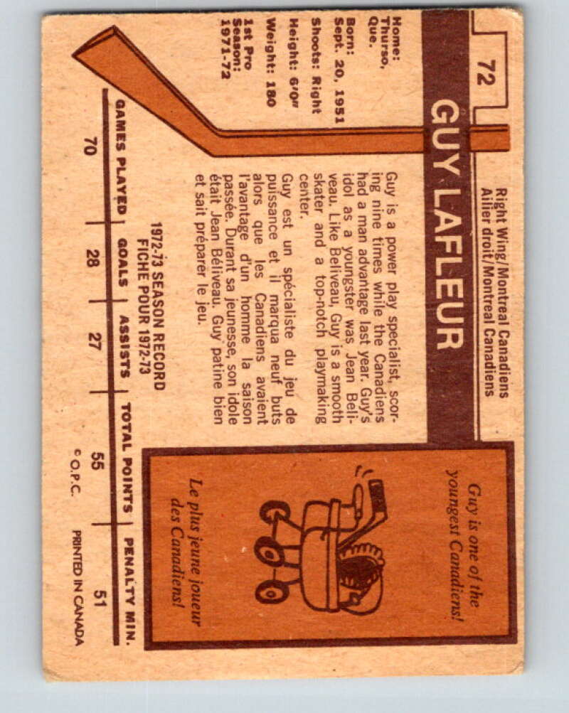 1973-74 O-Pee-Chee #72 Guy Lafleur Montreal Canadiens V8217
