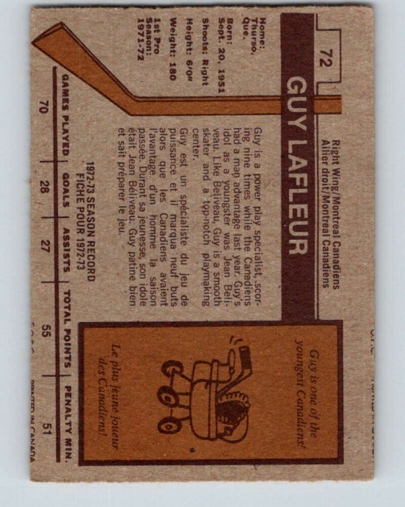 1973-74 O-Pee-Chee #72 Guy Lafleur Montreal Canadiens V8218