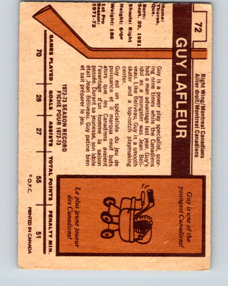 1973-74 O-Pee-Chee #72 Guy Lafleur Montreal Canadiens V8219