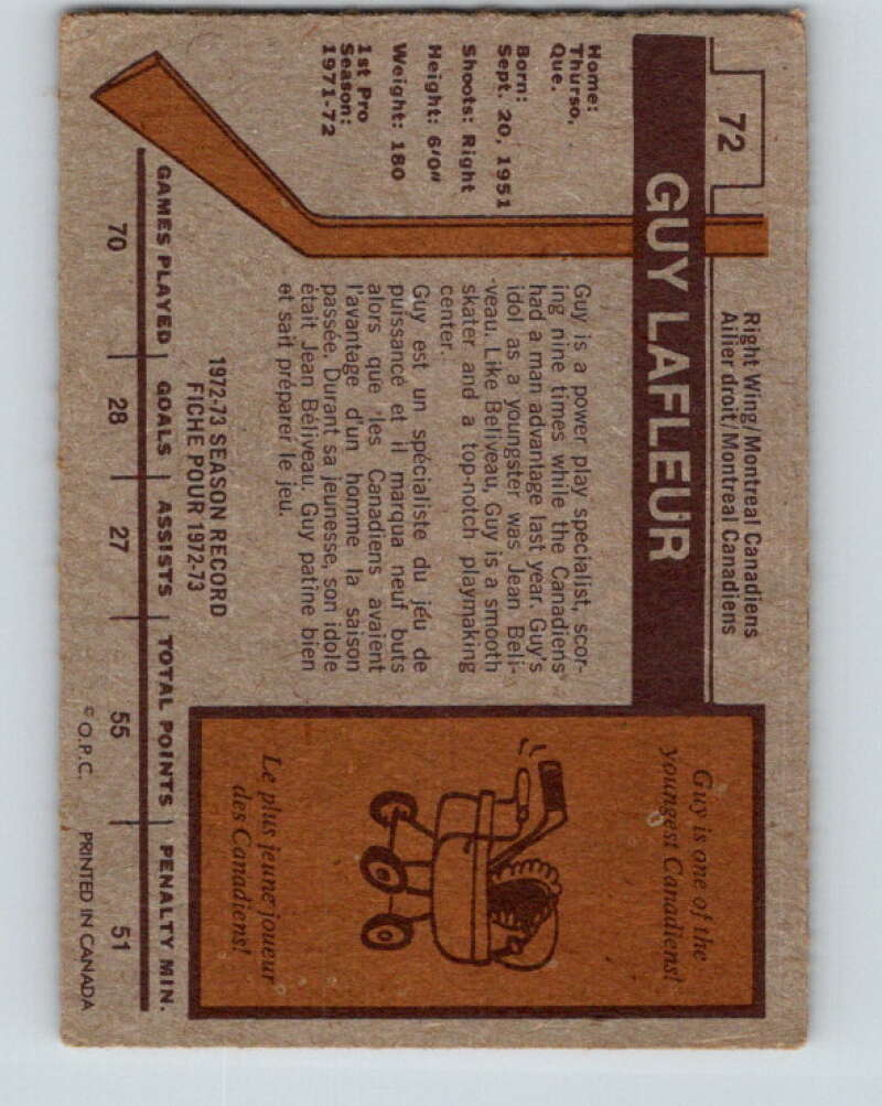 1973-74 O-Pee-Chee #72 Guy Lafleur Montreal Canadiens V8220