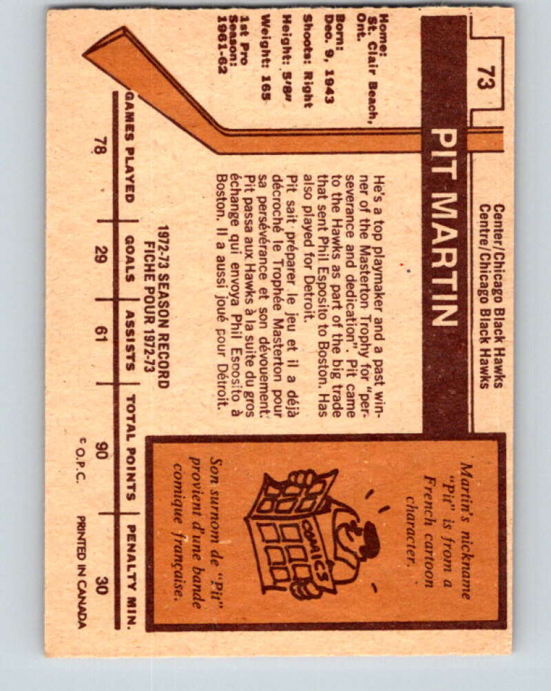 1973-74 O-Pee-Chee #73 Pit Martin Chicago Blackhawks V8222