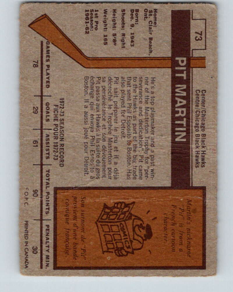 1973-74 O-Pee-Chee #73 Pit Martin Chicago Blackhawks V8225