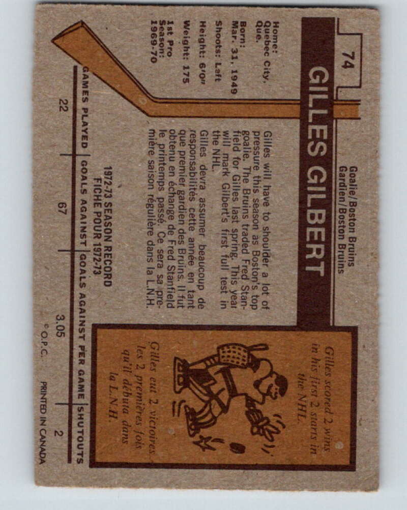 1973-74 O-Pee-Chee #74 Gilles Gilbert RC Rookie Boston Bruins V8227