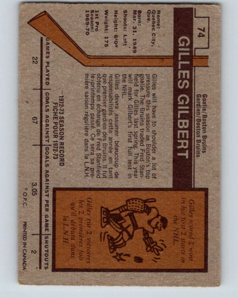 1973-74 O-Pee-Chee #74 Gilles Gilbert RC Rookie Boston Bruins V8228