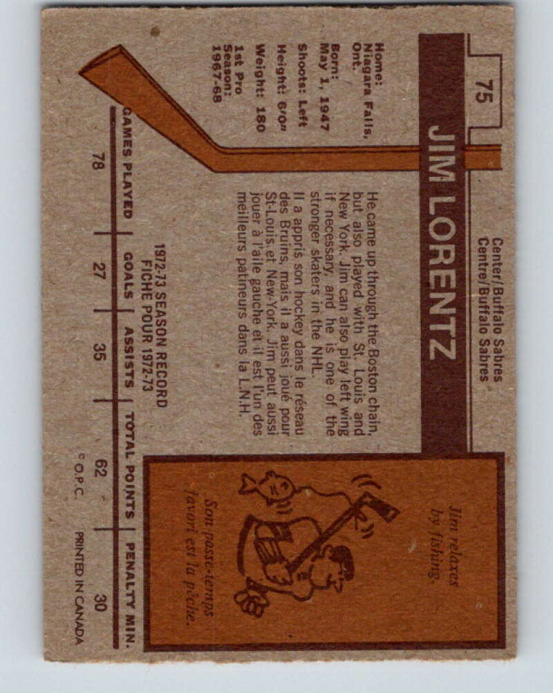 1973-74 O-Pee-Chee #75 Jim Lorentz Buffalo Sabres V8231