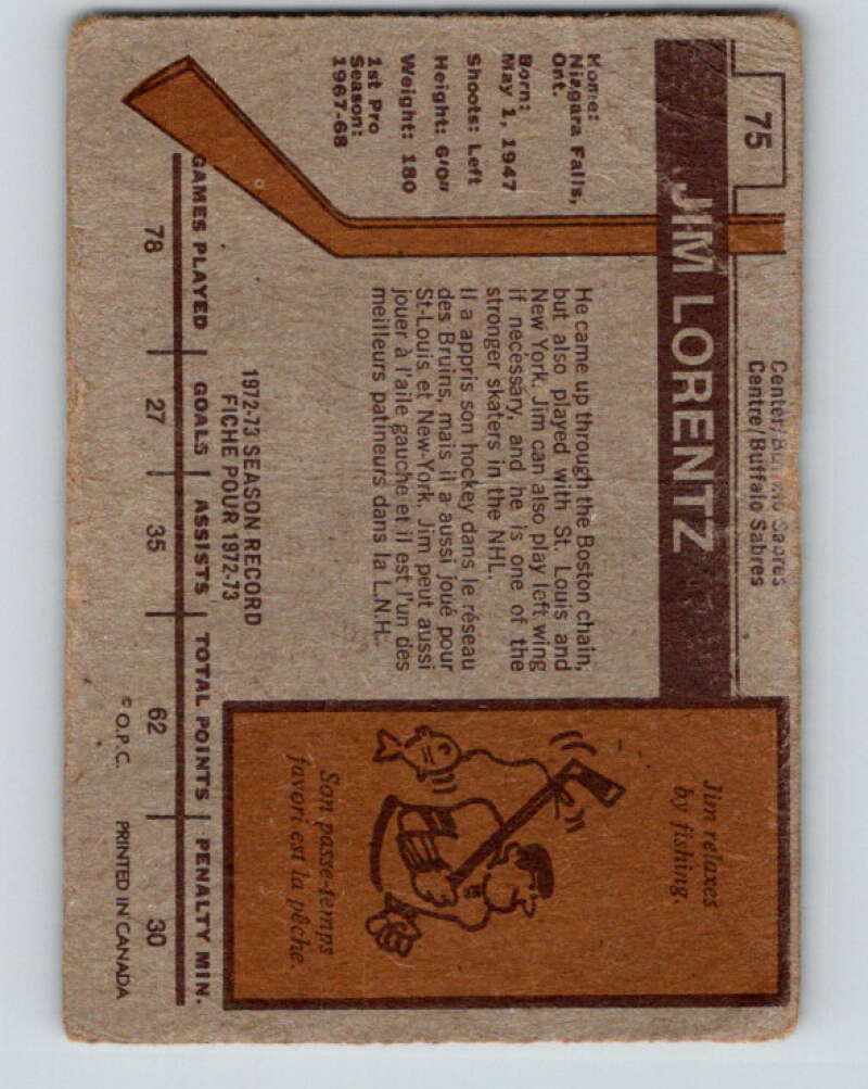 1973-74 O-Pee-Chee #75 Jim Lorentz Buffalo Sabres V8232