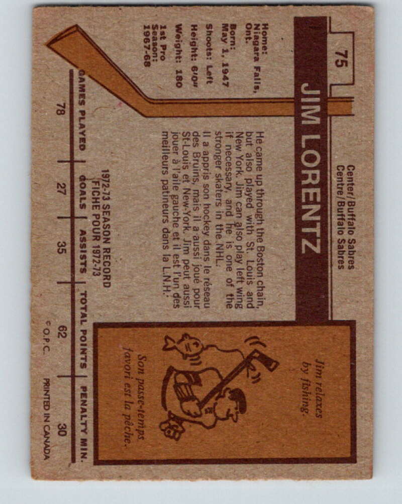 1973-74 O-Pee-Chee #75 Jim Lorentz Buffalo Sabres V8233