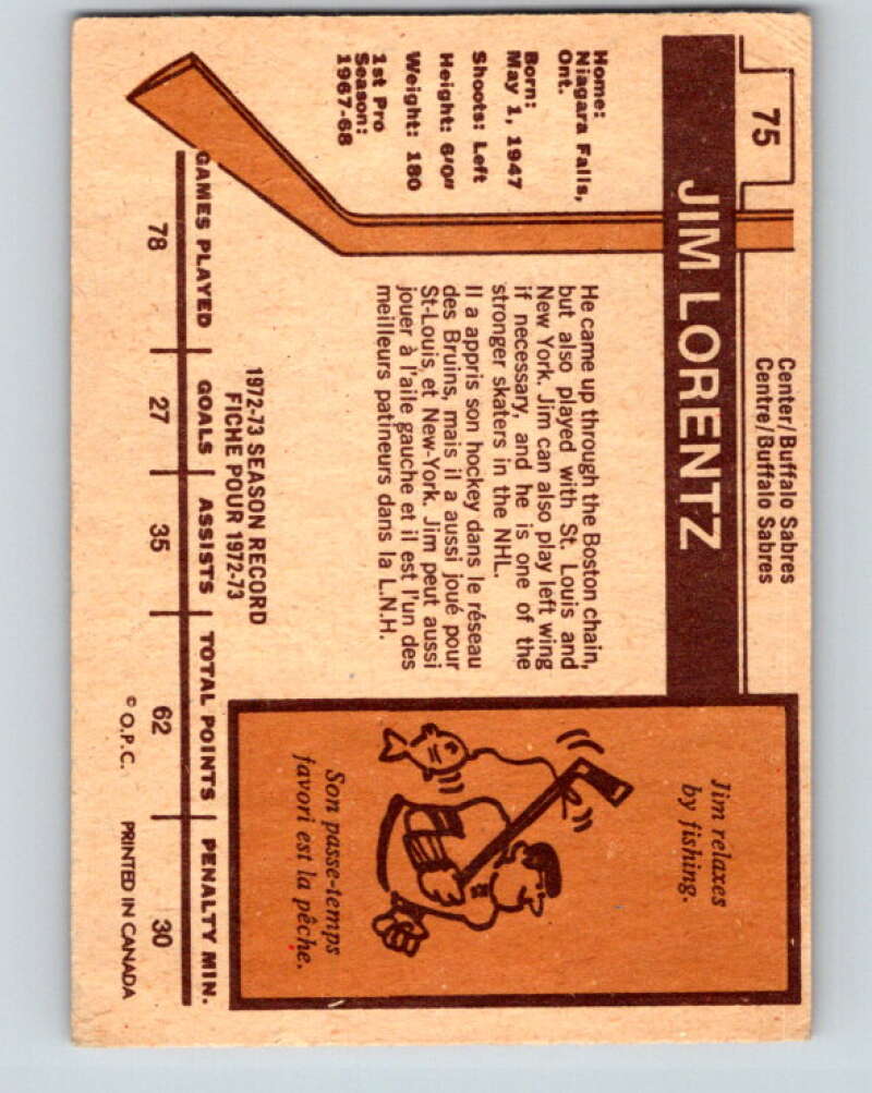 1973-74 O-Pee-Chee #75 Jim Lorentz Buffalo Sabres V8234