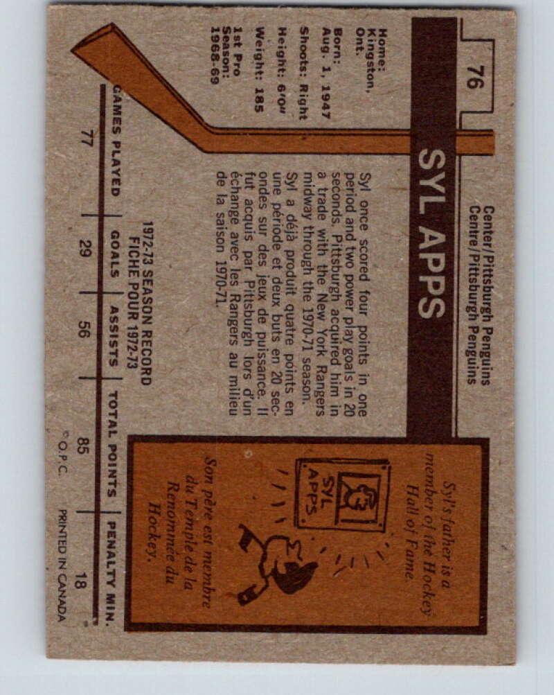 1973-74 O-Pee-Chee #76 Syl Apps Jr. Pittsburgh Penguins V8236