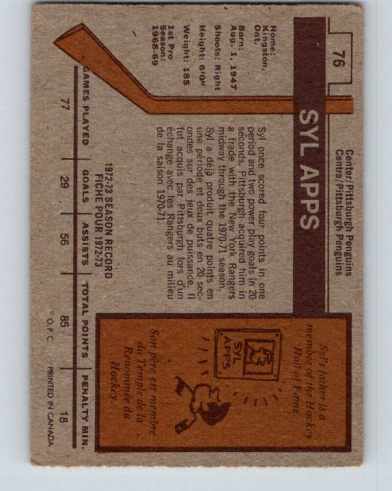 1973-74 O-Pee-Chee #76 Syl Apps Jr. Pittsburgh Penguins V8237