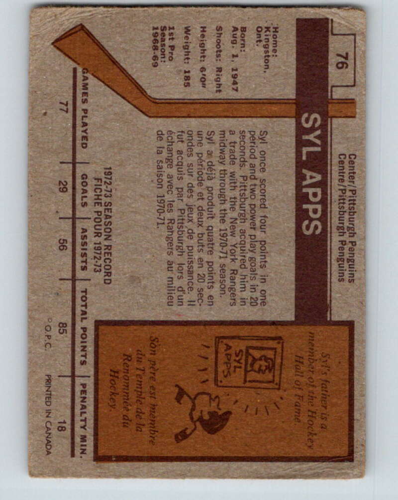 1973-74 O-Pee-Chee #76 Syl Apps Jr. Pittsburgh Penguins V8238