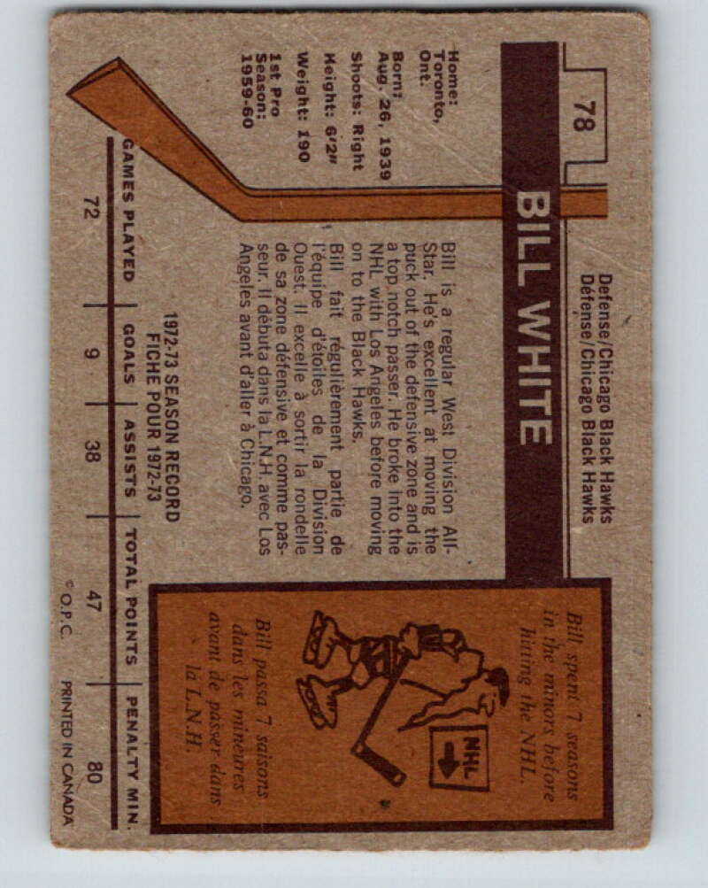 1973-74 O-Pee-Chee #78 Bill White Chicago Blackhawks V8251