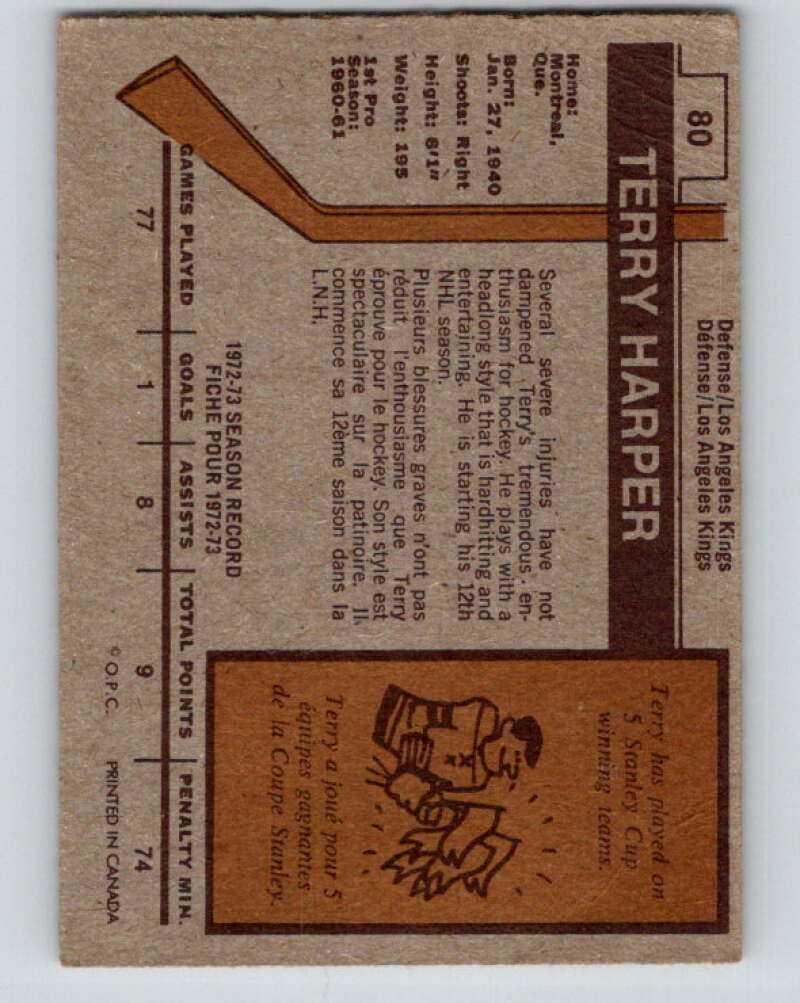 1973-74 O-Pee-Chee #80 Terry Harper Los Angeles Kings V8256