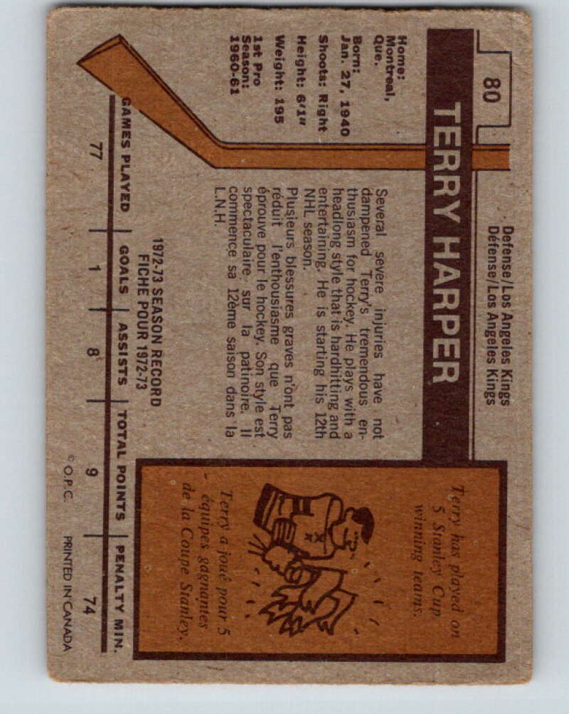1973-74 O-Pee-Chee #80 Terry Harper Los Angeles Kings V8258