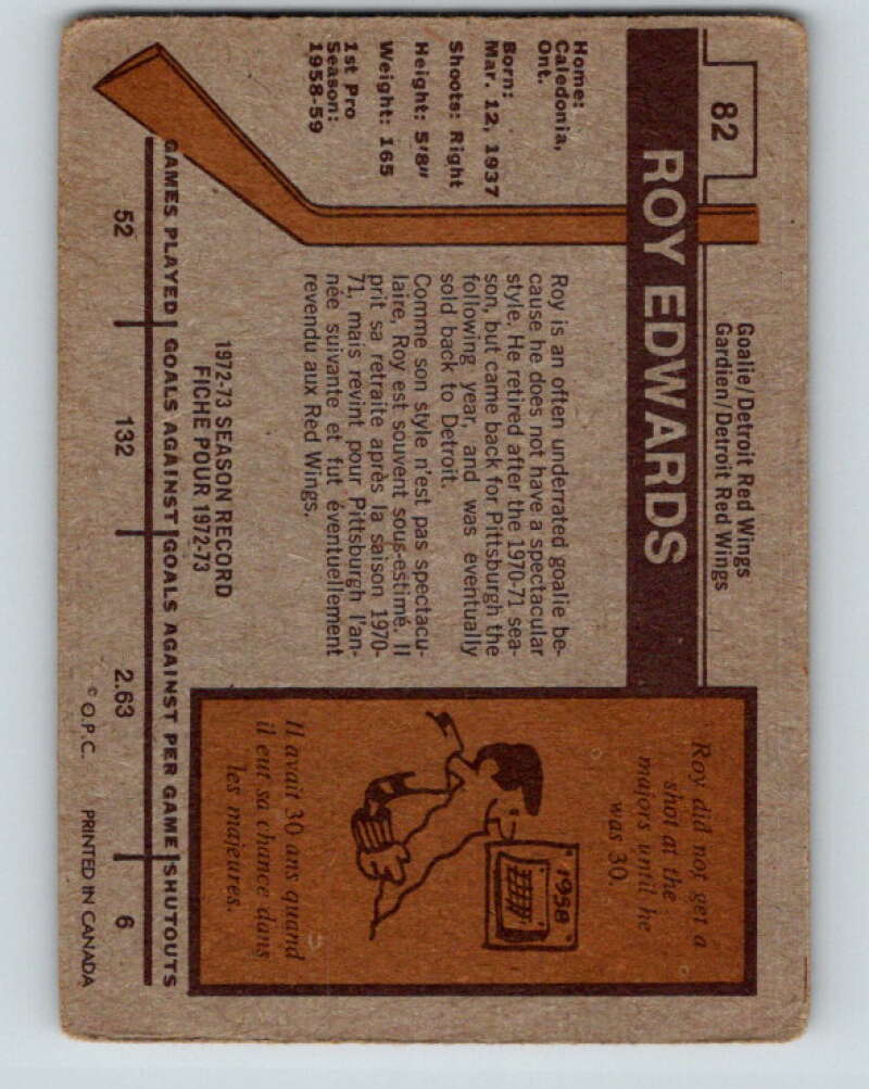 1973-74 O-Pee-Chee #82 Roy Edwards Detroit Red Wings V8263