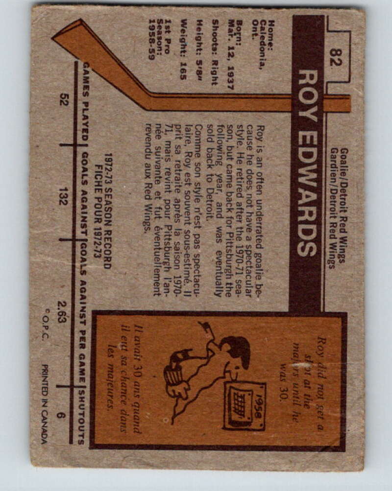 1973-74 O-Pee-Chee #82 Roy Edwards Detroit Red Wings V8264