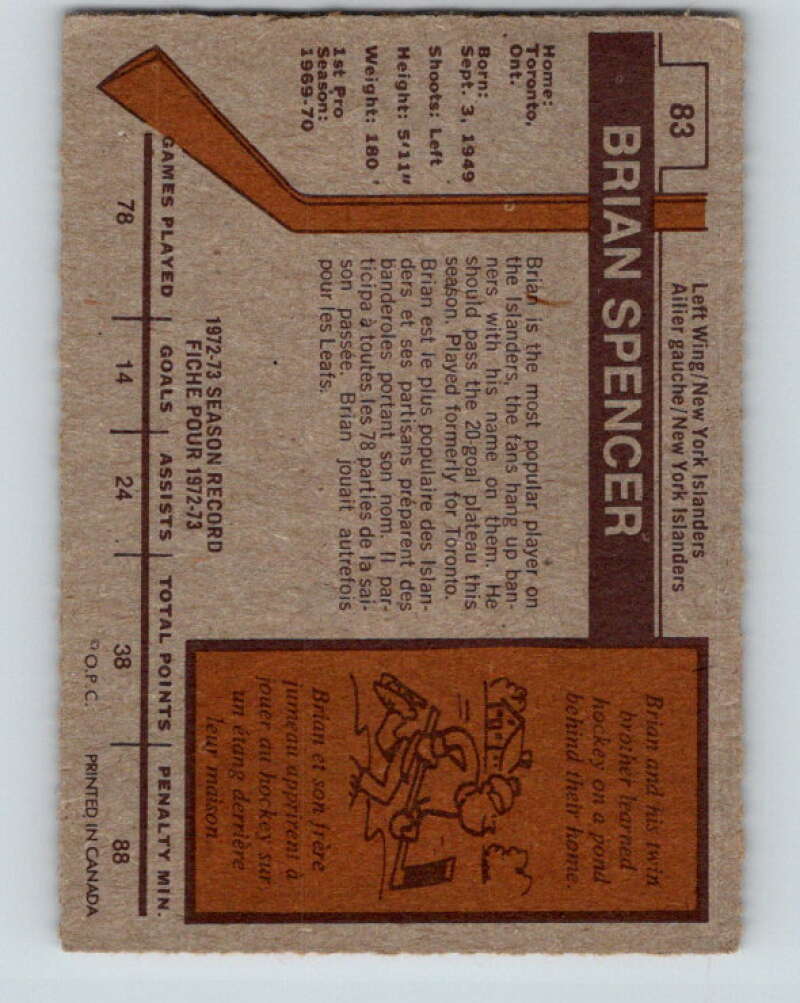 1973-74 O-Pee-Chee #83 Brian Spencer New York Islanders V8270