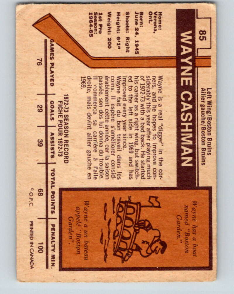 1973-74 O-Pee-Chee #85 Wayne Cashman Boston Bruins V8278