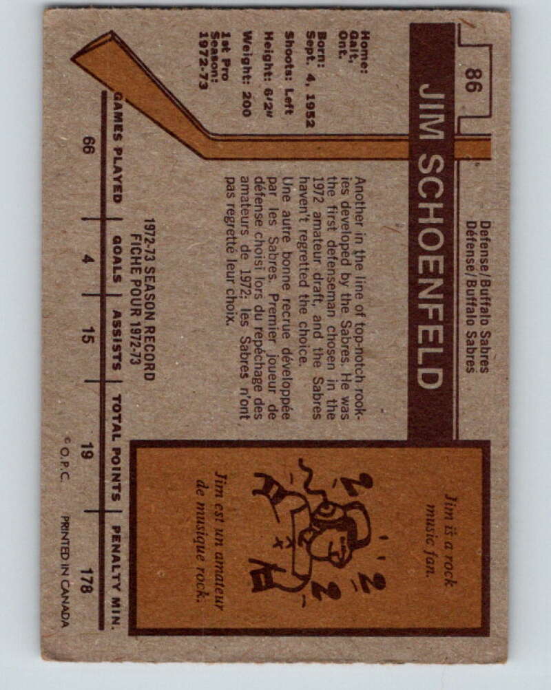 1973-74 O-Pee-Chee #86 Jim Schoenfeld Buffalo Sabres V8280