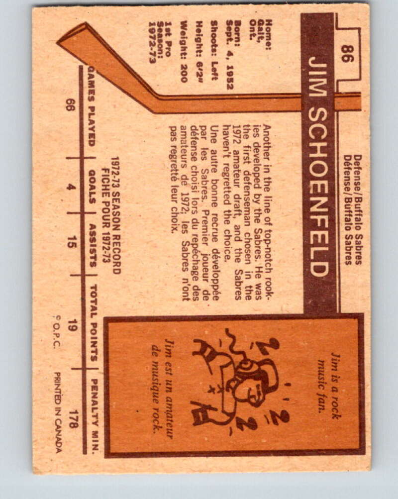 1973-74 O-Pee-Chee #86 Jim Schoenfeld Buffalo Sabres V8281