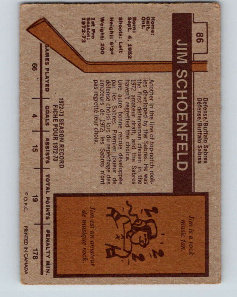 1973-74 O-Pee-Chee #86 Jim Schoenfeld Buffalo Sabres V8283
